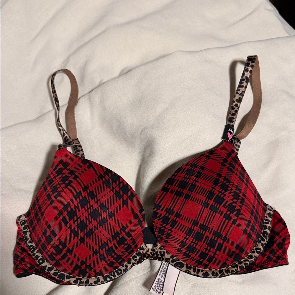 Victoria's Secret Red and Black Plaid Bra with Leopard Trim